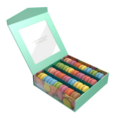 Boîte de Macarons en papier d'emballage en carton rigide Sawtru en gros avec fenêtre en PVC pour gâteau de bonbons au chocolat aux noix alimentaires